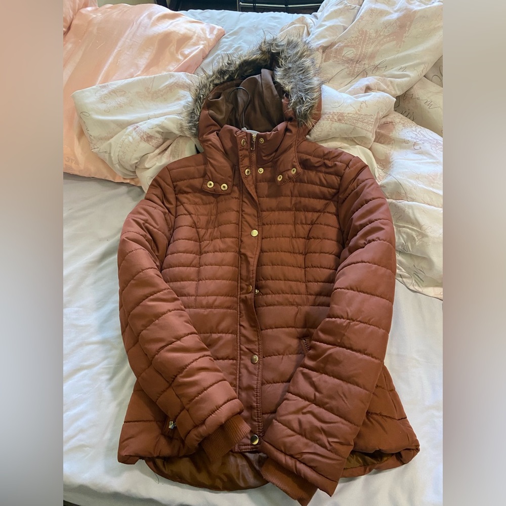 brown coat with fur hood